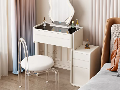 Elegant Modern Dressing Table With Mirror Clear Acrylic Chair And Cosmetics In Bedroom 3d model