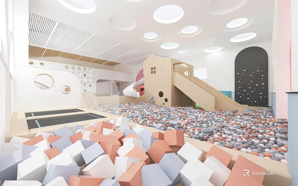 Bright Kindergarten Play Area With Ball Pool Slide And Climbing Wall 3d model