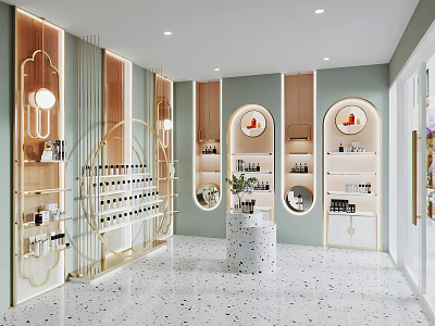 Modern Boutique Interior Design With Circular Mirrors Gold Display Shelves Marble Counter And Terrazzo Floor 3d model