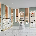 Modern Boutique Interior Design With Circular Mirrors Gold Display Shelves Marble Counter And Terrazzo Floor
