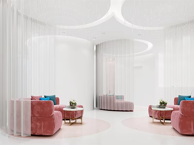 Beauty Salon Lounge Area With Pink Sofas White Curtains Small Tables And Circular Ceiling Design 3d model