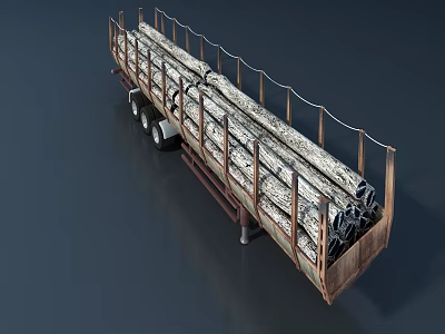 Heavy Duty Trailer Loaded with Stacked Wooden Logs and Metal Rails 3d model