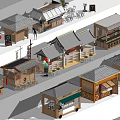 Traditional Chinese Style Shops with Various Roof Designs and Outdoor Seating Areas