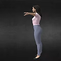 3D Female Character Wearing Pink Shirt and Blue Pants with Arms Outstretched on Black Background
