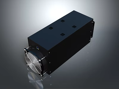 Black Rectangular Electronic Equipment with Cooling Fan and Multiple Ports Design 3d model
