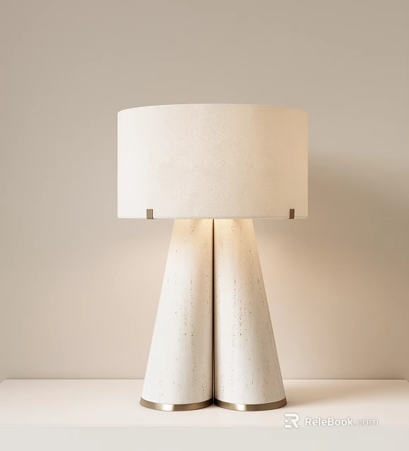 Modern Minimalist Table Lamp With Double Column Concrete Base And White Linen Shade 3d model 