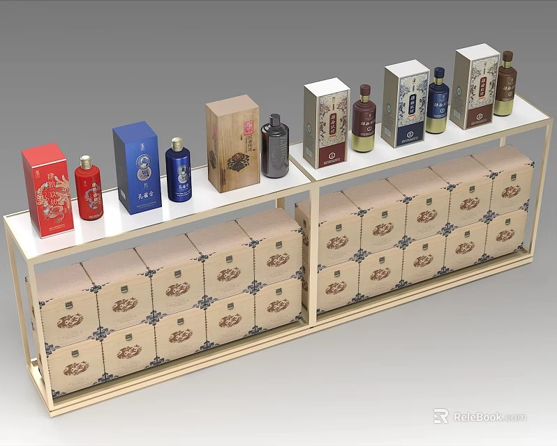 Display Shelf with Various Wine Bottles and Patterned Packaging Boxes Neatly Arranged for Retail Showcase 3d model