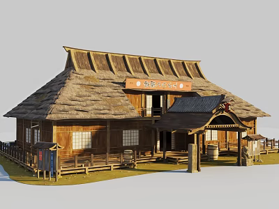 Lush Traditional Japanese Garden Plants Surrounding Thatched Roof Wooden House 3d model