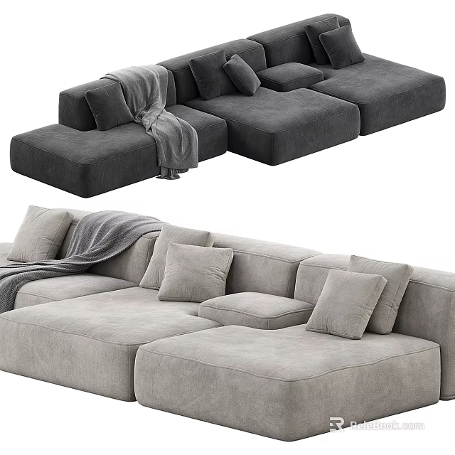 Gray And Beige Sectional Sofa With Decorative Pillows And Throw Blanket 3d model