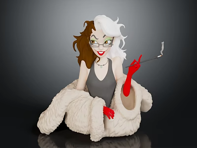 Stylish Female Character With White Fur Coat And Cane Accessory 3d model
