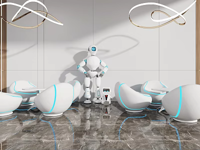 Modern Table And Chair Set With White Seats Robot On Marble Floor And White Wall 3d model