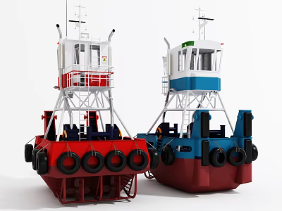 Red And Blue Tugboats With Wheelhouse And Life Rings On Deck Structure 3d model