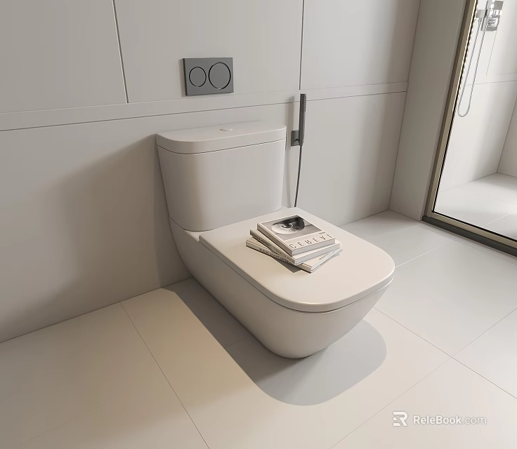 Modern White Toilet In Minimalist Bathroom With Magazines On Lid And Brush 3d model 
