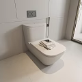 Modern White Toilet In Minimalist Bathroom With Magazines On Lid And Brush