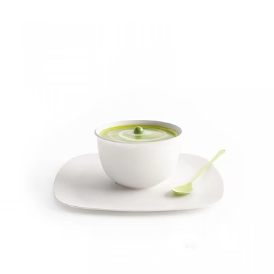 Smooth Green Beverage in White Bowl with Green Spoon on White Plate 3d model