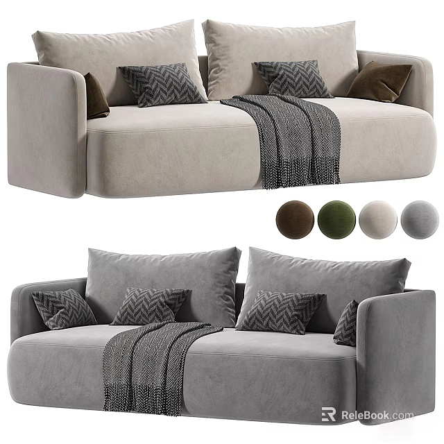 Modern Comfortable Sectional Sofa With Velvet Upholstery Patterned Pillows And Cozy Blanket 3d model 