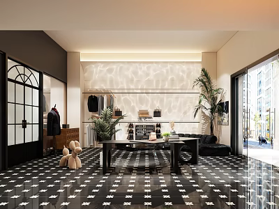 Stylish Clothing Store Interior Design With Black And White Tile Floor Clothing Displays And Plants 3d model