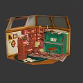 Miniature Room Interior With Wooden Desk Bookshelf Green Piano And Rug