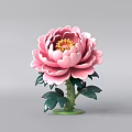 Artistic Pink Peony Sculpture With Detailed Carving Green Stem And Leaves