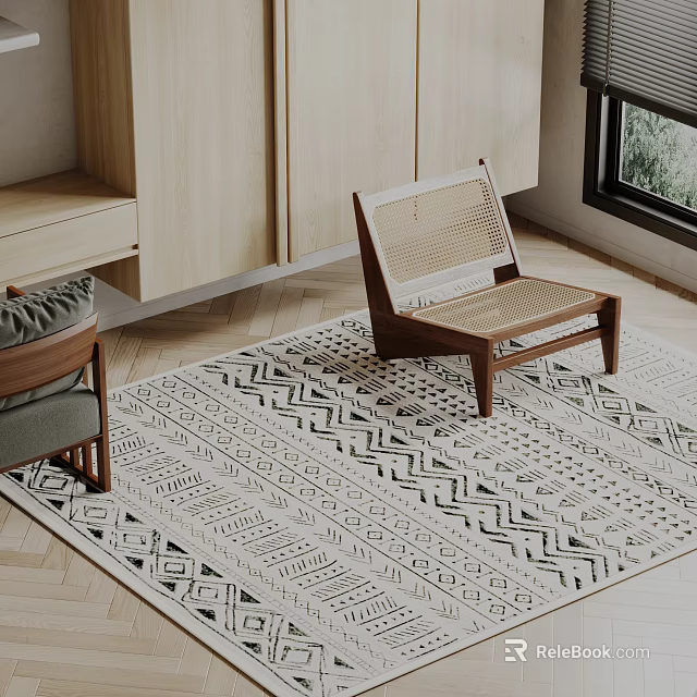 Neutral Toned Square Rug With Geometric Pattern In Living Room With Armchair And Wooden Floor 3d model 
