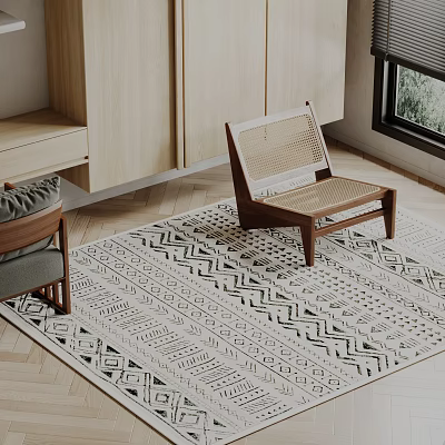 Neutral Toned Square Rug With Geometric Pattern In Living Room With Armchair And Wooden Floor 3d model