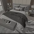 Gray White Double Bed With Pillows Checkered Blanket Nightstands Table Lamps Bench And Window Curtains