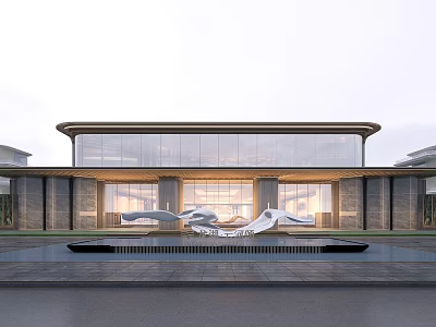 Modern Building Exterior Featuring Large Glass Curtain Walls Traditional Roof Eaves Front Pool And Abstract Sculpture 3d model