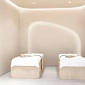 Serene SPA Sauna Room with Massage Bed Soft Lighting Beige Sofa Plants and Light Decor