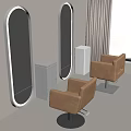 Modern Salon Interior With Oval Mirrors Brown Chairs And White Cabinets