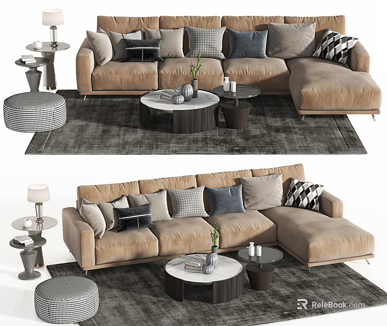 Modern Sofa Coffee Table Set With Beige Upholstery Patterned Pillows Round Table And Gray Rug 3d model
