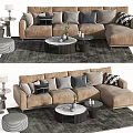 Modern Sofa Coffee Table Set With Beige Upholstery Patterned Pillows Round Table And Gray Rug 3d model