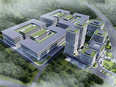 Modern Industrial Factory Complex With Multiple Buildings And Green Roofs Surrounded by Trees 3d model