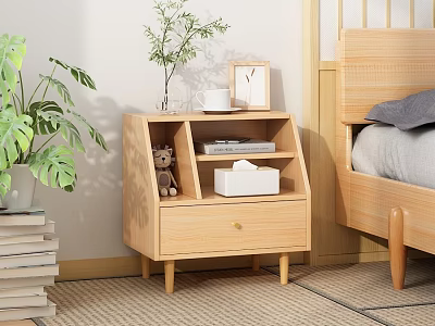 Light Wooden Nightstand with Drawer Shelf Tissue Box Photo Frame Decor Plant Beside Bed 3d model
