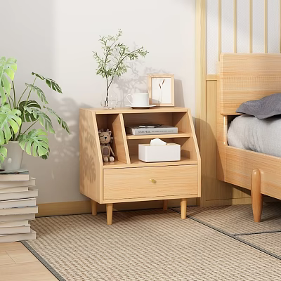 Light Wooden Nightstand with Drawer Shelf Tissue Box Photo Frame Decor Plant Beside Bed 3d model