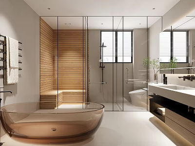 Modern Bathroom With Glass Partition Wooden Wall And Freestanding Tub 3d model