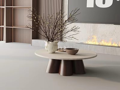Modern Sofa Coffee Table Set Design With Round Marble Top Wooden Legs And Fireplace Decor 3d model