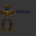 3D Game Movie Robot Character With Orange Blue Mechanical Armor And Weapon Arm