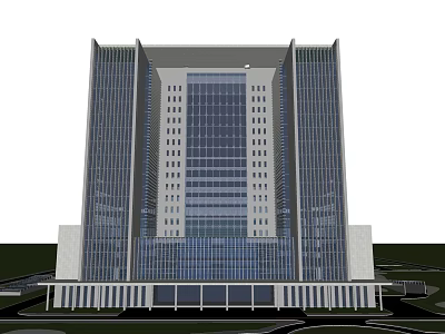 Modern Office Building Featuring Glass Curtain Walls Tall Symmetrical Structure Spacious Entrance and Multiple Floors 3d model