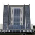 Modern Office Building Featuring Glass Curtain Walls Tall Symmetrical Structure Spacious Entrance and Multiple Floors