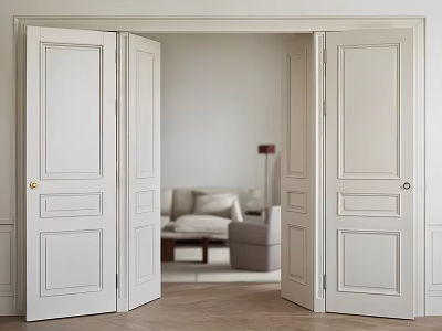 Open White Double Doors In Modern Interior With Living Room Sofa Armchair And Floor Lamp 3d model