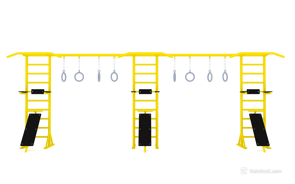 Yellow Playground Equipment With Ladders Hanging Rings And Climbing Structures 3d model 