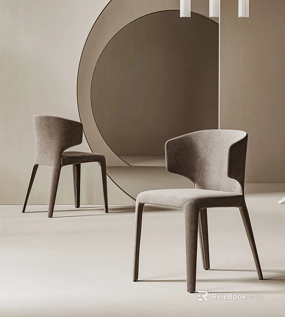 Modern Minimalist Dining Chairs With Curved Fabric Backrest And Slim Wooden Legs In Beige Interior 3d model 