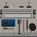 Modern Headphones and Speakers with Floor Standing Bookshelf Home Audio Setup