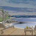 Evening Courtyard Garden with Swimming Pool Lounge Chairs Palm Trees and Snowy Mountains Lake View