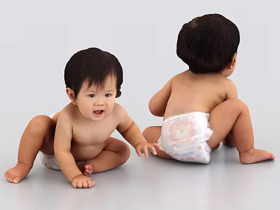 Cute Babies Sitting On Light Background Wearing Diapers Front And Back View 3d model