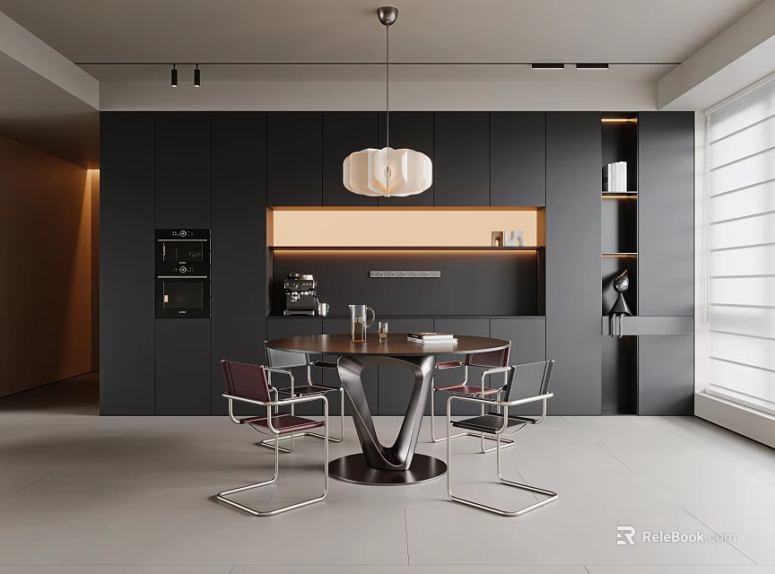 Modern Restaurant Interior With Black Cabinets Round Table Chairs And Pendant Light 3d model 