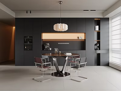 Modern Restaurant Interior With Black Cabinets Round Table Chairs And Pendant Light 3d model