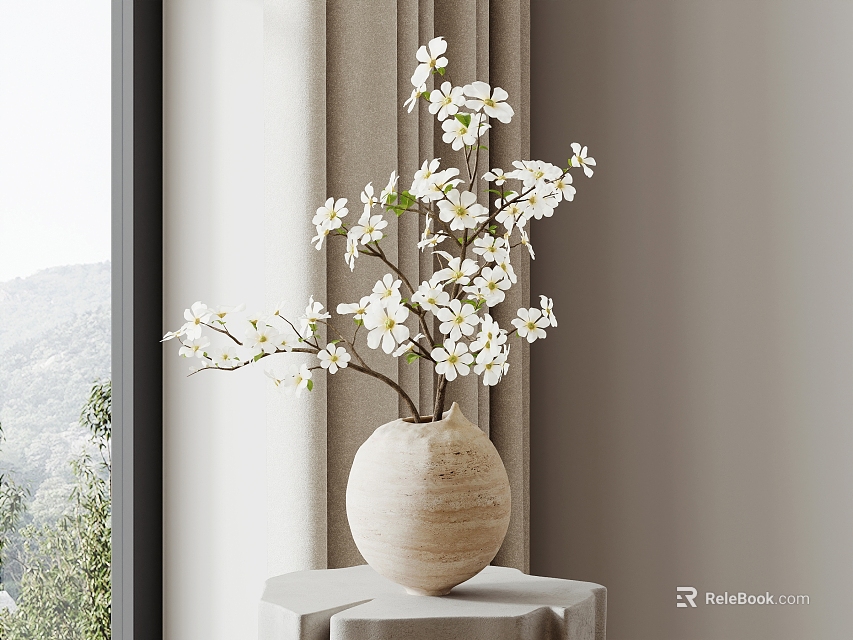 Beige Ceramic Vase with White Blossoms on Pedestal by Window Curtain and Mountain View 3d model 