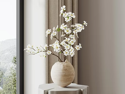 Beige Ceramic Vase with White Blossoms on Pedestal by Window Curtain and Mountain View 3d model