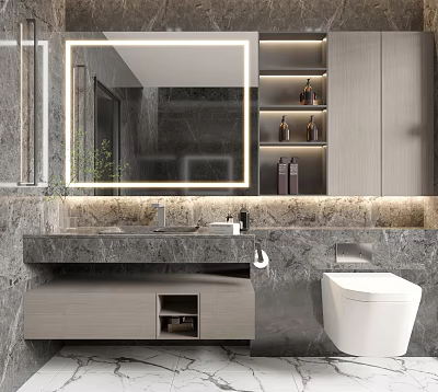 Modern Bathroom Vanity With Marble Countertop LED Backlit Mirror And Floating Shelves 3d model